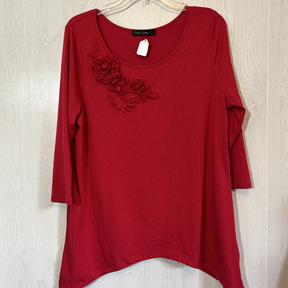 Casual Express Large Red Knit Top With 3D Flowers